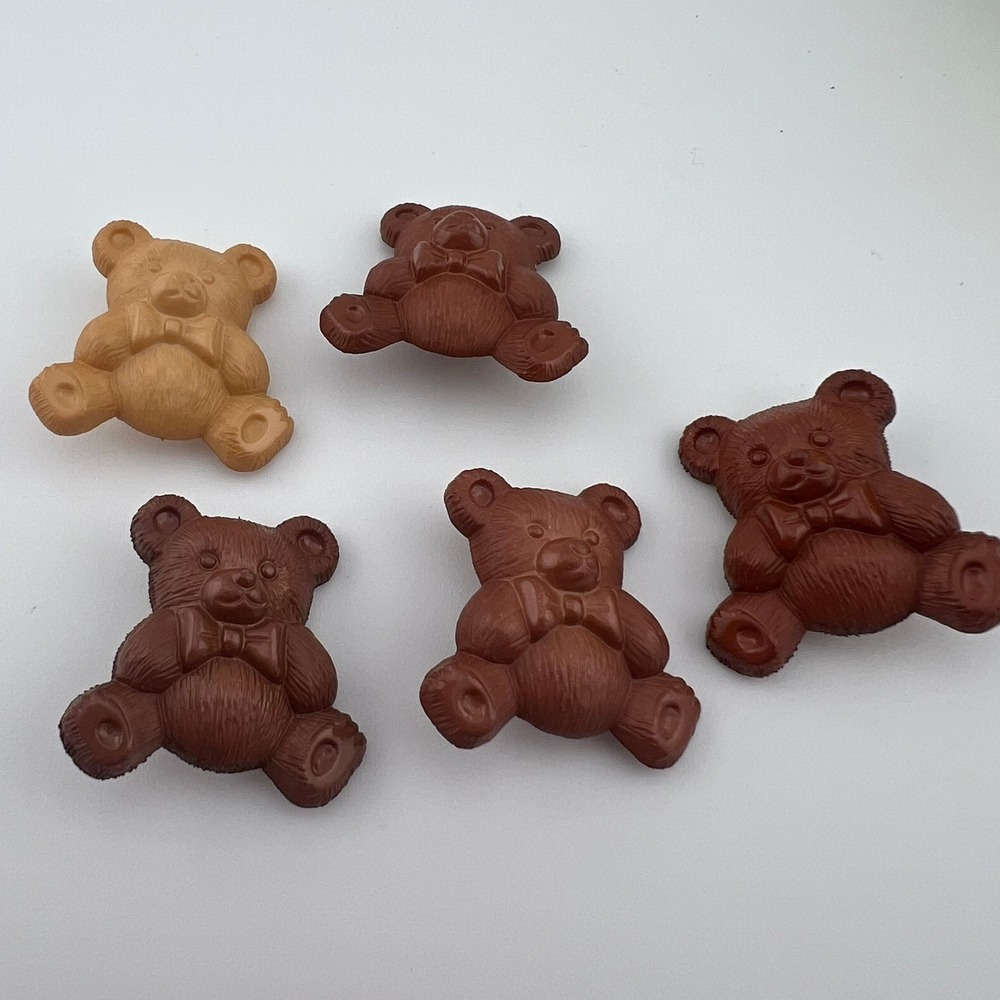 Vintage Teddy Bear Buttons 1" Brown Plastic Set 6 Sewing Craft